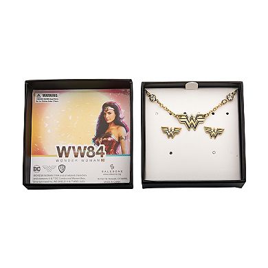 DC Comics Wonder Woman 1984 Gold Tone Stainless Steel Logo Pendant & Stud Earring Set