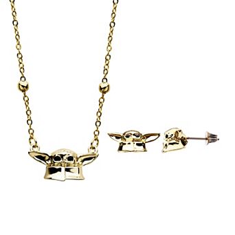 Star Wars The Mandalorain Gold Tone The Child Pendant Necklace & Earring Set