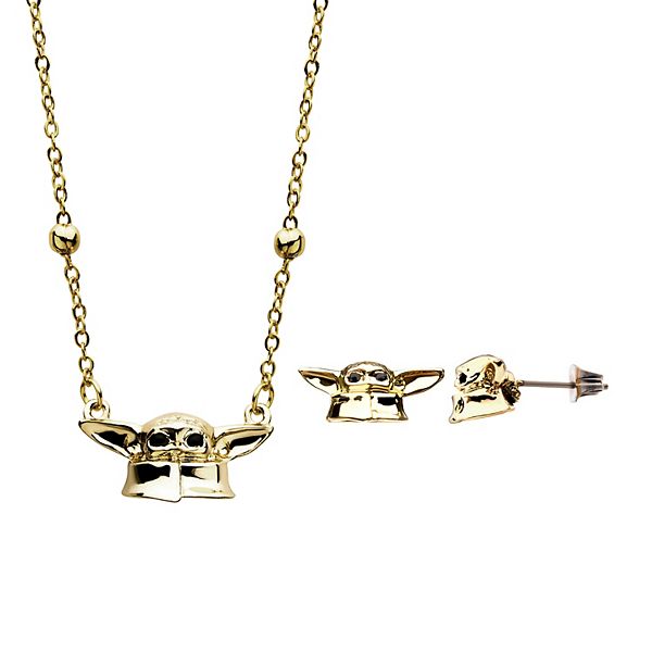 Star Wars The Mandalorain Gold Tone The Child Pendant Necklace Earring Set