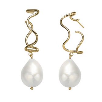 14k Gold Sterling Silver Freshwater Cultured Pearl Curvy Hoop Earrings