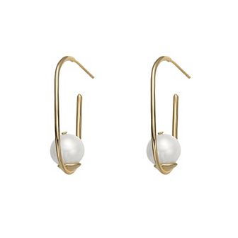 14k Gold Sterling Silver Freshwater Cultured Pearl Elongated Hoop Earrings