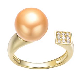 14k Gold Over Silver Gold Simulated Pearl & Cubic Zirconia Open Ring