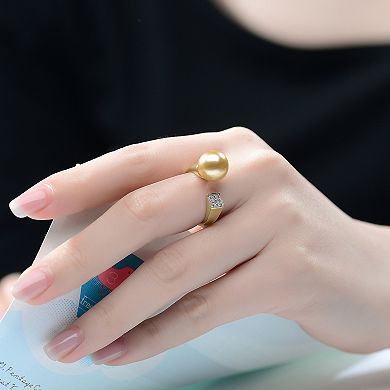 14k Gold Over Silver Gold Simulated Pearl & Cubic Zirconia Open Ring