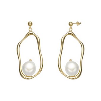 14k Gold Sterling Silver Freshwater Cultured Pearl Curvy Dangling Earrings
