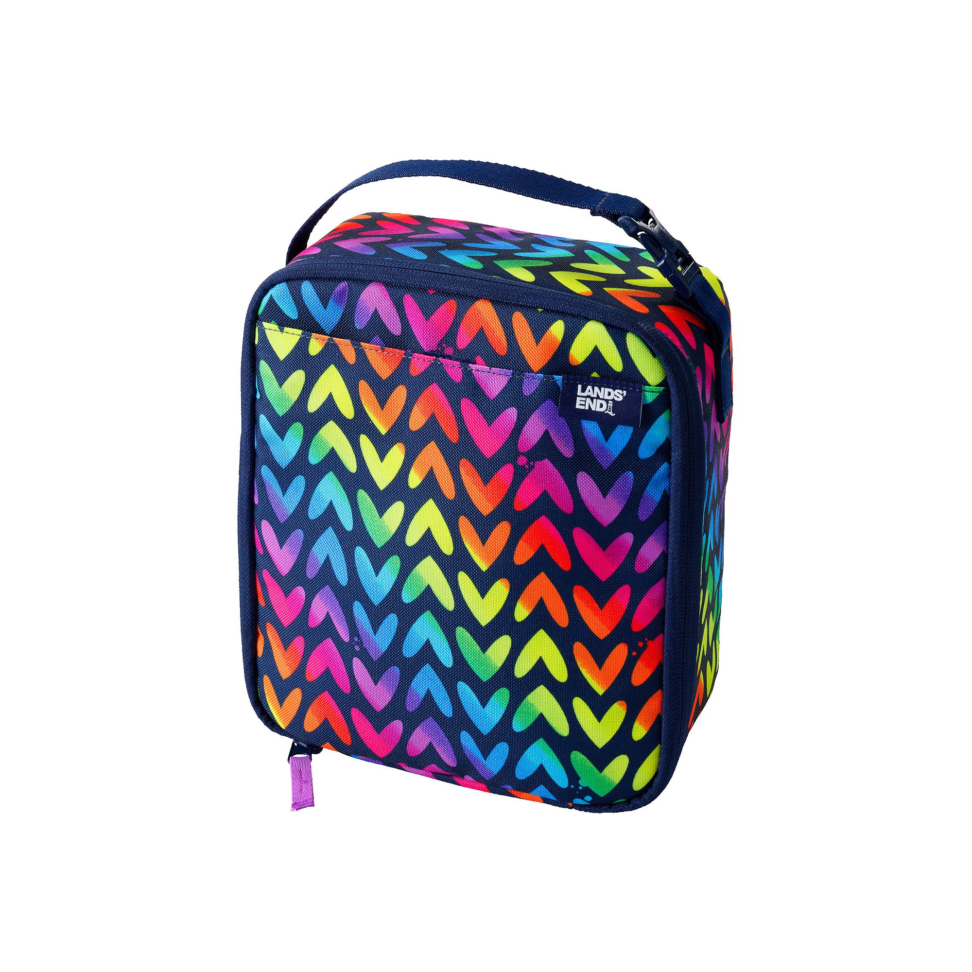 Kids Lands End Insulated EZ Wipe Printed Lunch Box, Blue Rainbow Hearts