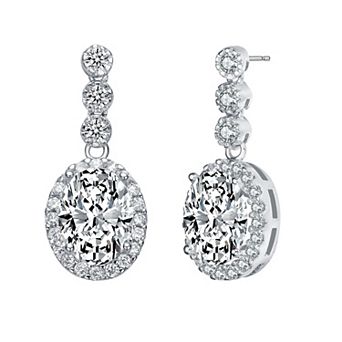 Sterling Silver Oval & Round Cubic Zirconia Halo Drop Earrings