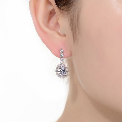 Sterling Silver Oval & Round Cubic Zirconia Halo Drop Earrings