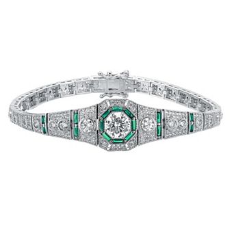 Sterling Silver Round & Green Baguette Cubic Zirconia Link Bracelet