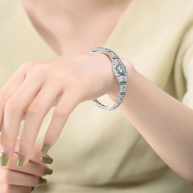 Sterling Silver Round & Green Baguette Cubic Zirconia Link Bracelet