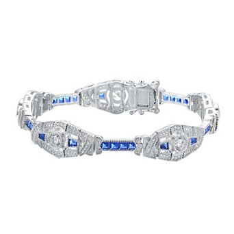 Sterling Silver & Blue Cubic Zirconia Oval Link Bracelet