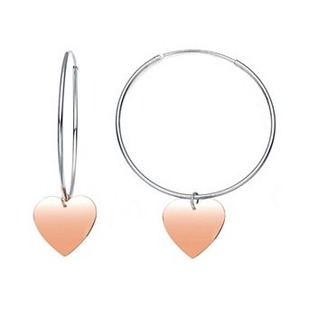 Two Tone Sterling Silver Heart Dangle Hoop Earrings