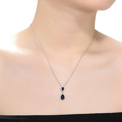 Sterling Silver Sapphire & Cubic Zirconia Double Teardrop Pendant Necklace