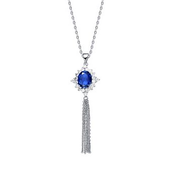 Sterling Silver Blue Cubic Zirconia Tassel Pendant Necklace