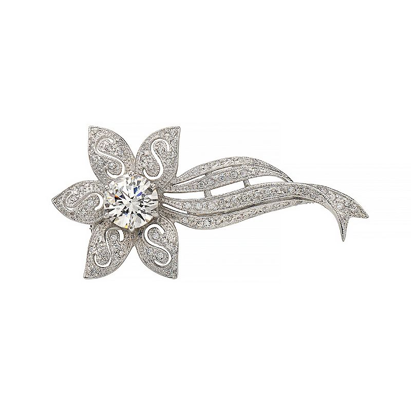 Sterling Silver Cubic Zirconia Flower Pin, Womens, White