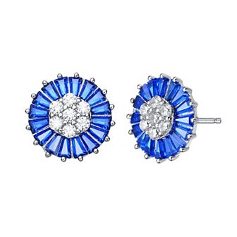 Sterling Silver Blue Cubic Zirconia Baguette & Round Stud Earrings