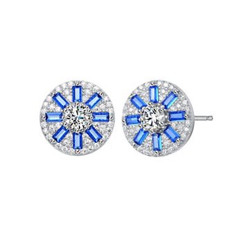 Sterling Silver Blue Cubic Zirconia Baguette & Round Stud Earrings
