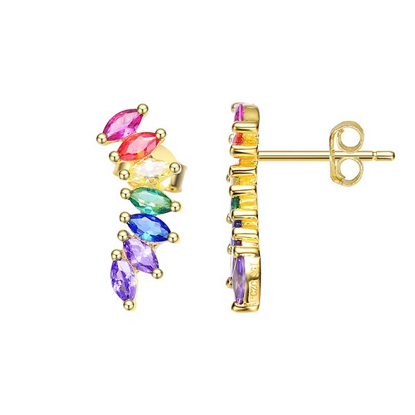 14k Gold Over Silver Rainbow Cubic Zirconia Curved Ear Climber Earrings