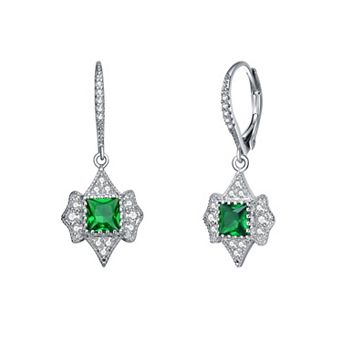 Sterling Silver Green & White Cubic Zirconia Leverback Earrings