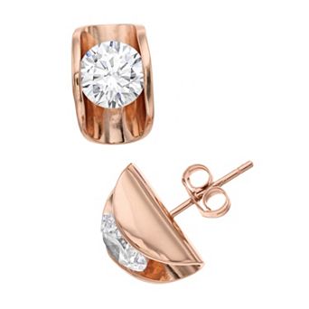 Sterling Silver Curved Frame Cubic Zirconia Stud Earrings