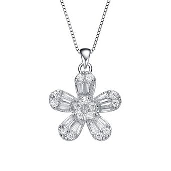 Sterling Silver Cubic Zirconia Flower Pendant Necklace