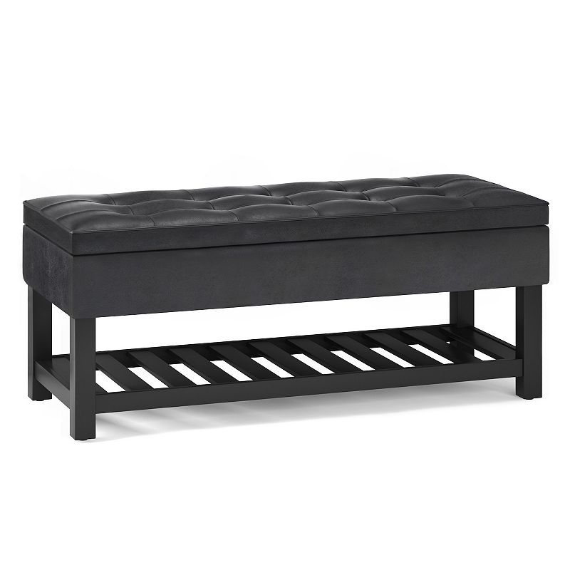 Simpli Home - Cosmopolitan 44 inch Wide Traditional Rectangle Storage Ottoman Bench with Open Bottom in Faux Leather - Distressed Black