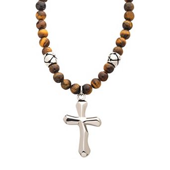 Men's Tiger's Eye Beads & Silver Tone Cross Pendant Necklace