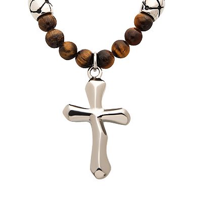 Men's Tiger's Eye Beads & Silver Tone Cross Pendant Necklace