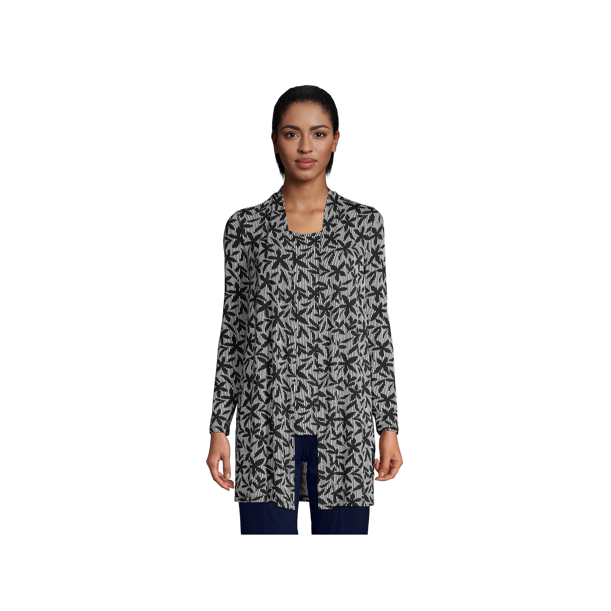 Womens Lands End Draped Long Open-Front Cardigan, Size: Small, White Stri