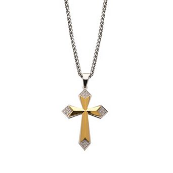 Two Tone Stainless Steel Cubic Zirconia Cross Pendant Necklace