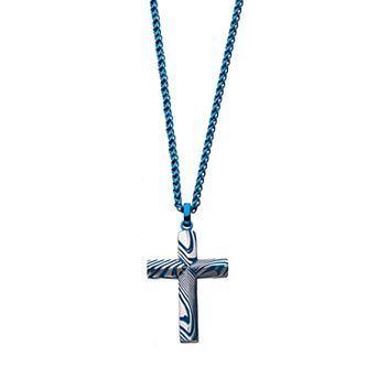 Men's Two Tone Stainless Steel Damascus Cross Pendant Necklace