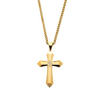 Men's Gold Tone Stainless Steel Cubic Zirconia Cross Pendant Necklace