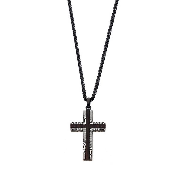 Men's Black Ion-Plated Stainless Steel Damascus Cross Pendant Necklace