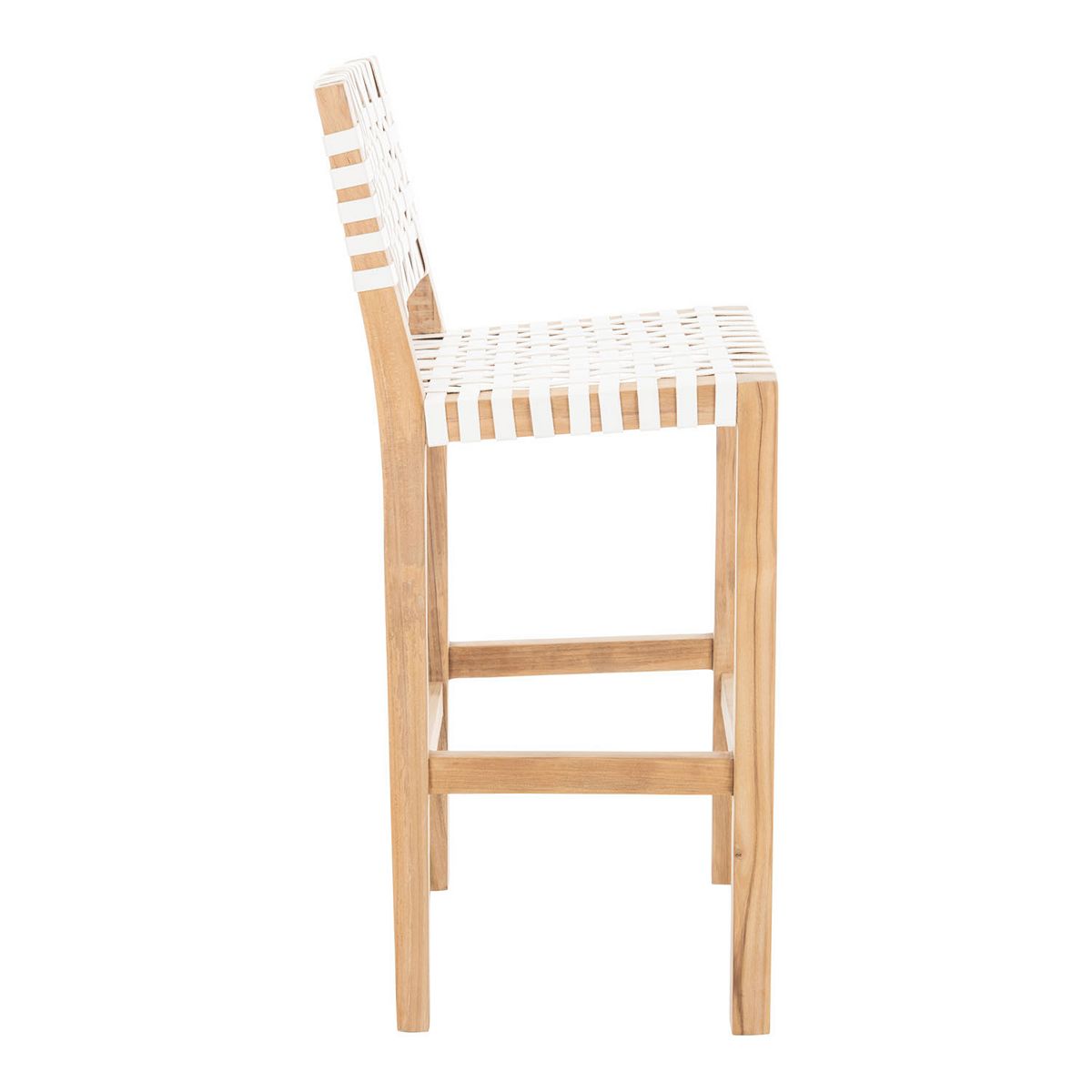 Safavieh Sorrento counter stool angled view, light wood frame and white woven seat/back