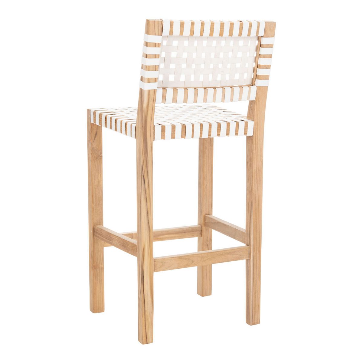 Safavieh Sorrento counter stool with white woven slatted back and seat, light wood frame