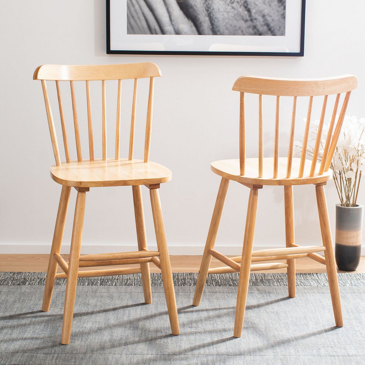 Safavieh Galena counter stool with vertical slatted back and light wood legs