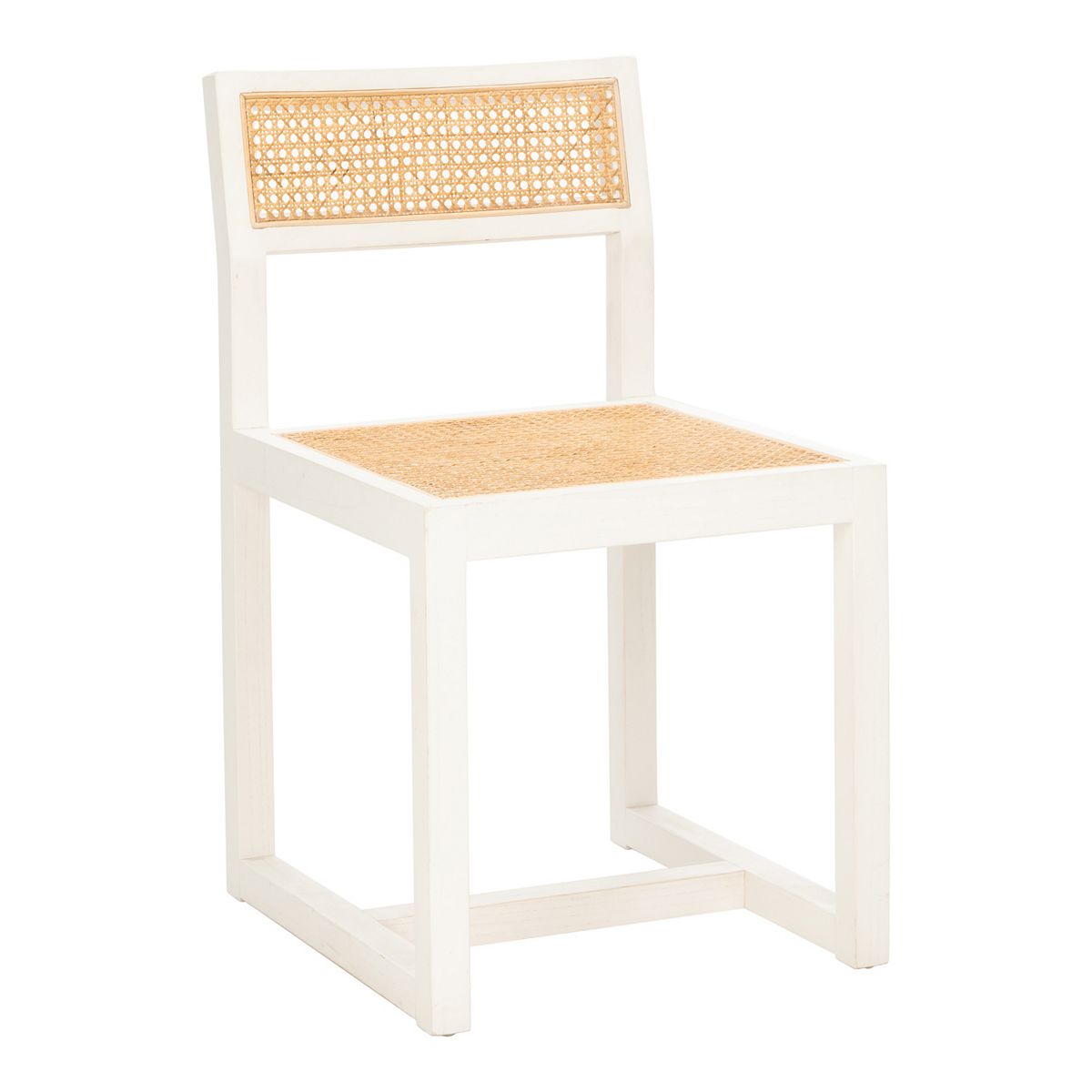 Safavieh Bernice woven dining chair with white frame and tan woven back