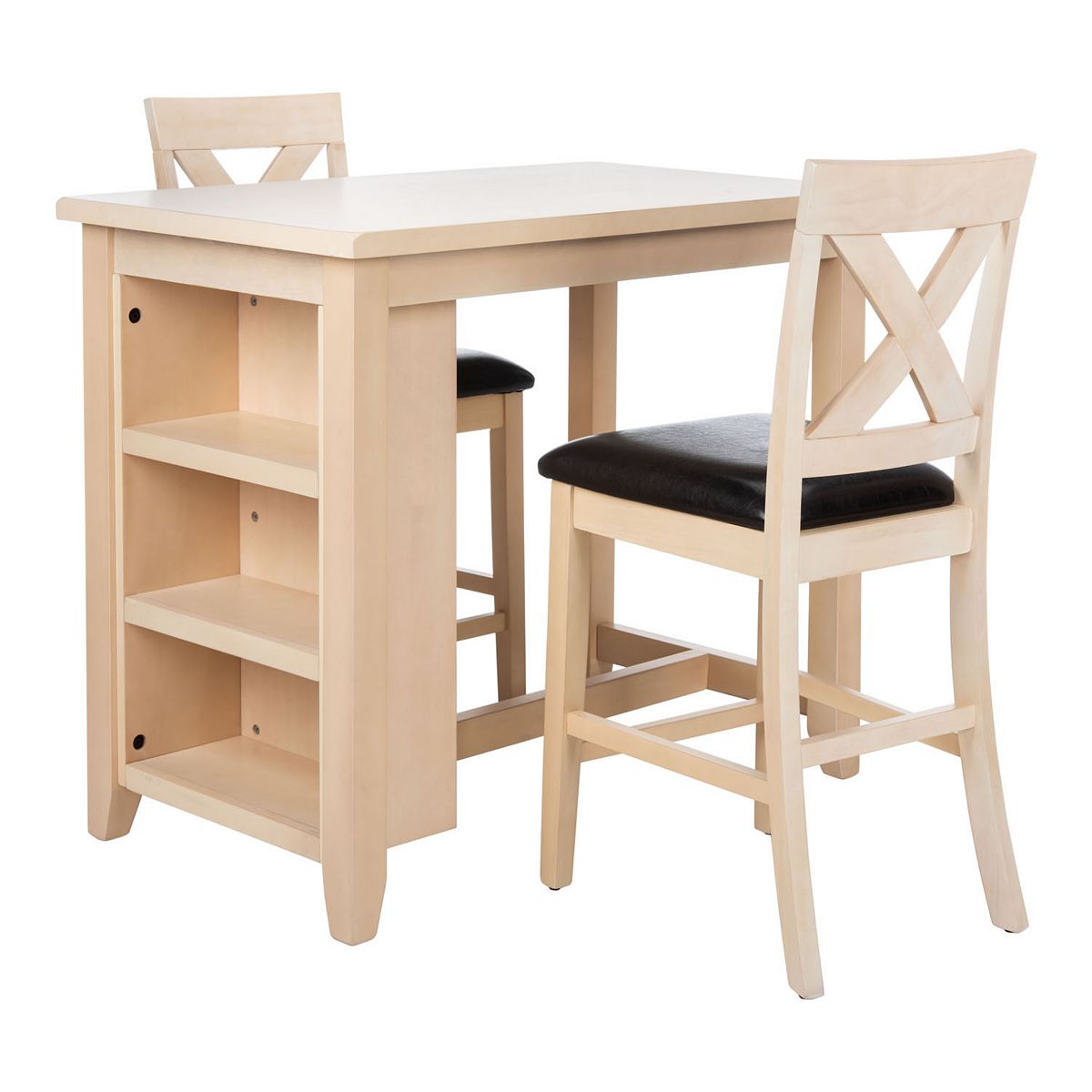 Safavieh Everest pub table with bar chairs, side view with open shelves.