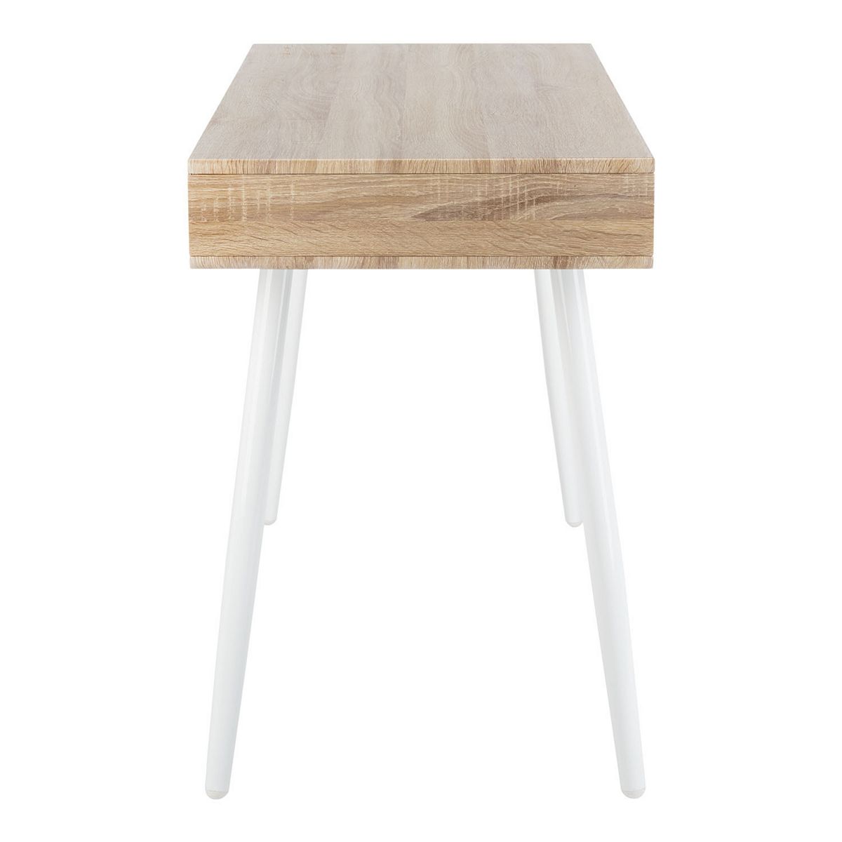 Safavieh Jorja 1-drawer desk side view with wood top and white legs