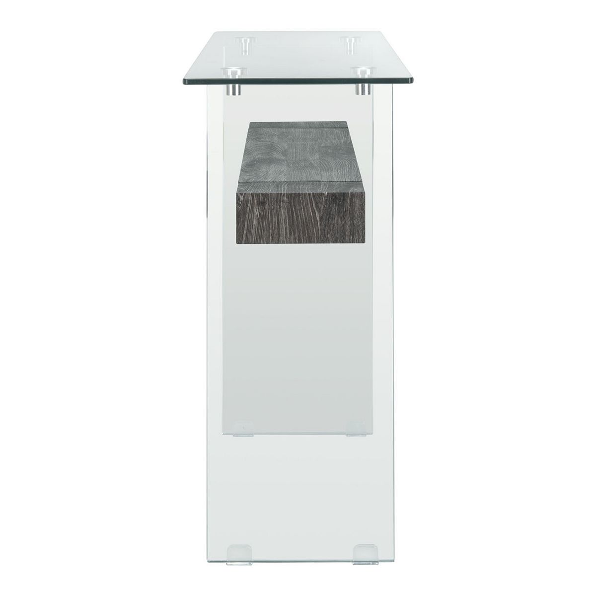 Side view of Safavieh Kayley console table with glass top and chrome metal accents