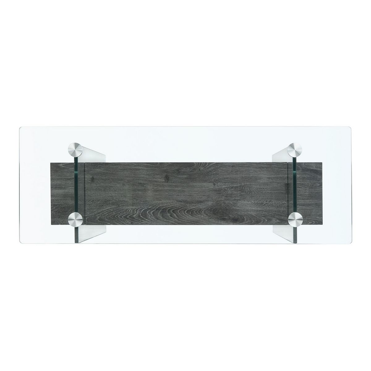 Top view of Safavieh Kayley console table showing glass top and wood centerpiece
