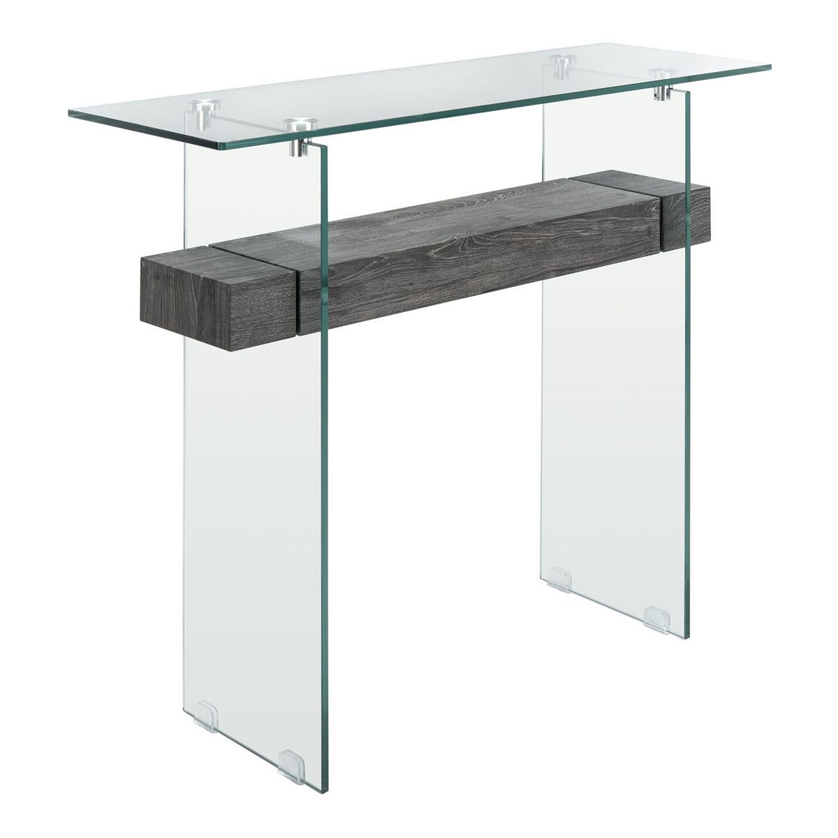 Safavieh Kayley console table with glass top and wood block legs