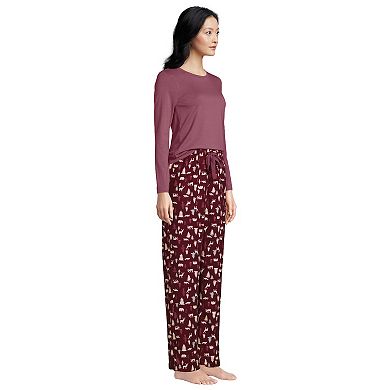 Women's Lands' End Knit Long Sleeve Pajama Top and Pajama Flannel Pants Sleep Set
