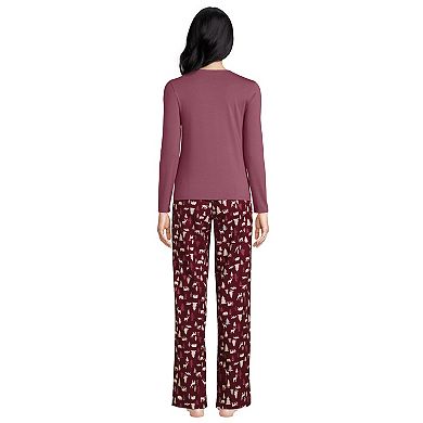 Women's Lands' End Knit Long Sleeve Pajama Top and Pajama Flannel Pants Sleep Set