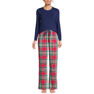 Women s Lands End Knit Long Sleeve Pajama Top and Pajama Flannel Pants Sleep Set