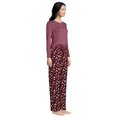 Petite Lands' End Knit Long Sleeve Pajama Top and Pajama Flannel Pants Sleep Set