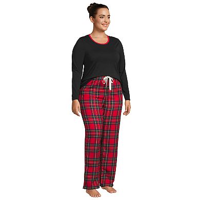 Plus Size Lands' End Knit Long Sleeve Pajama Top & Flannel Pajama Pants Sleep Set