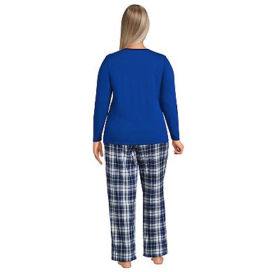 Plus Size Lands' End Knit Long Sleeve Pajama Top & Flannel Pajama Pants Sleep Set