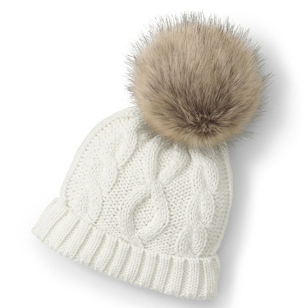 Ivory Cableknit Faux Fur Pom Hat