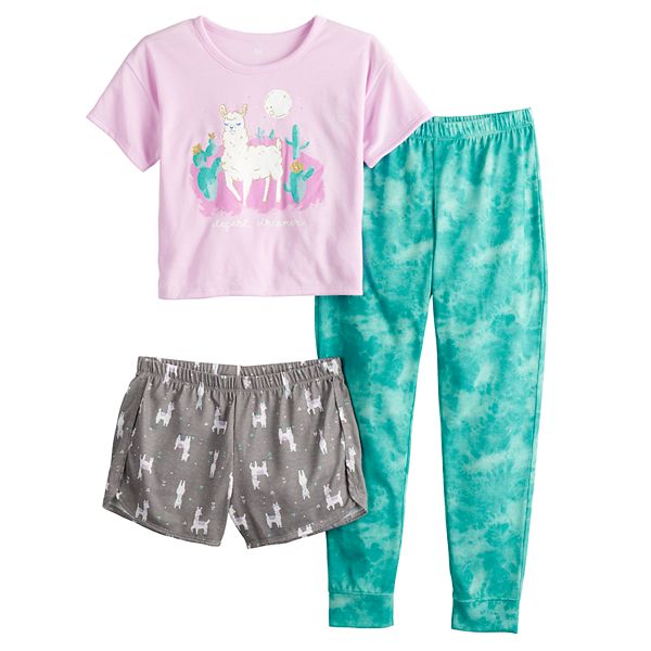 Girls 6-18 SO® Tee, Shorts & Jogger Pants Pajama Set in Regular & Plus Size