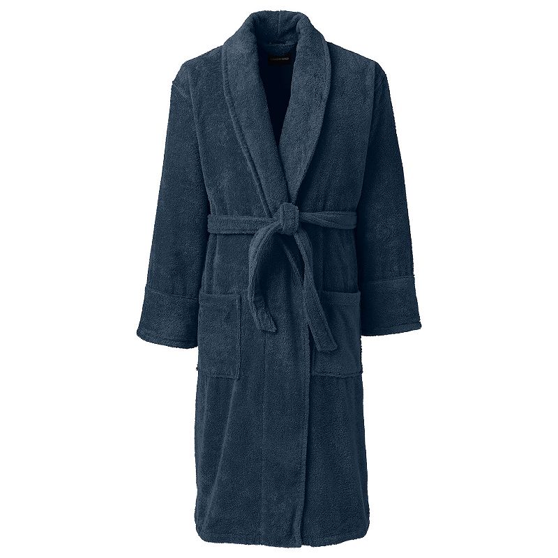 Mens Lands End Calf-Length Turkish Terry Robe, Size: Small, Dark Blue